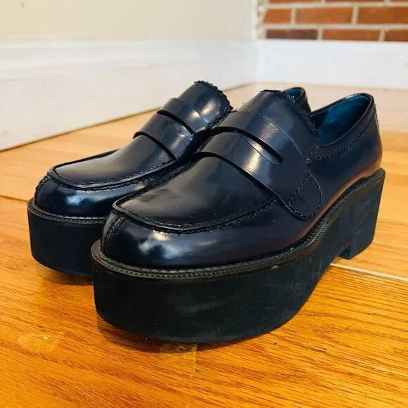 Jil Sander Navy Blue Leather Platform Shoes Eur 38.5 US 8 Chunky Loafers - Picture 6 of 15